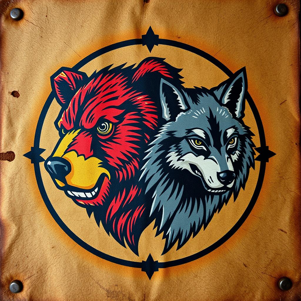 An emblem depicting a medieval civilization or kingdom of savages, featuring the heads of a bear and a wolf painted on a piece of natural skin or leather