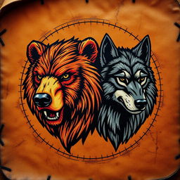 An emblem depicting a medieval civilization or kingdom of savages, featuring the heads of a bear and a wolf painted on a piece of natural skin or leather