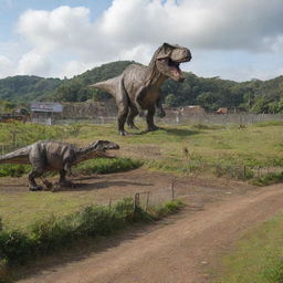 The Jurassic-themed island, now with a massive enclosure in the foreground, housing an imposing Tyrannosaurus Rex. The enclosure is reinforced by electrified fences for safety, with signages warning of the danger.