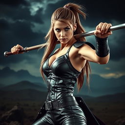 A captivating warrior girl dressed in a tight, shiny black leather outfit that highlights her athletic build