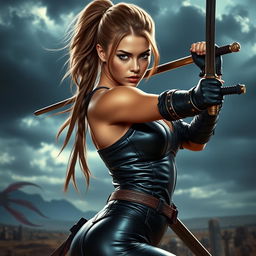 A captivating warrior girl dressed in a tight, shiny black leather outfit that highlights her athletic build