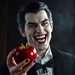 A handsome vampire smiling widely, showcasing sharp teeth, holding a shiny red apple in one hand