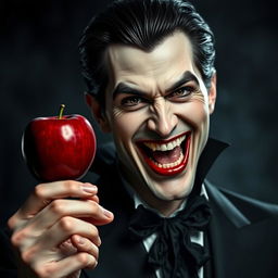 A handsome vampire smiling widely, showcasing sharp teeth, holding a shiny red apple in one hand