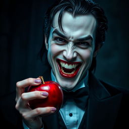 A handsome vampire smiling widely, showcasing sharp teeth, holding a shiny red apple in one hand