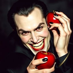 A handsome vampire smiling widely, showcasing sharp teeth, holding a shiny red apple in one hand