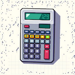 A vibrant, retro-style pixel art representation of a classic calculator, featuring an 8-bit design with colorful buttons including numbers, operations, and a digital display