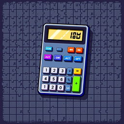 A vibrant, retro-style pixel art representation of a classic calculator, featuring an 8-bit design with colorful buttons including numbers, operations, and a digital display