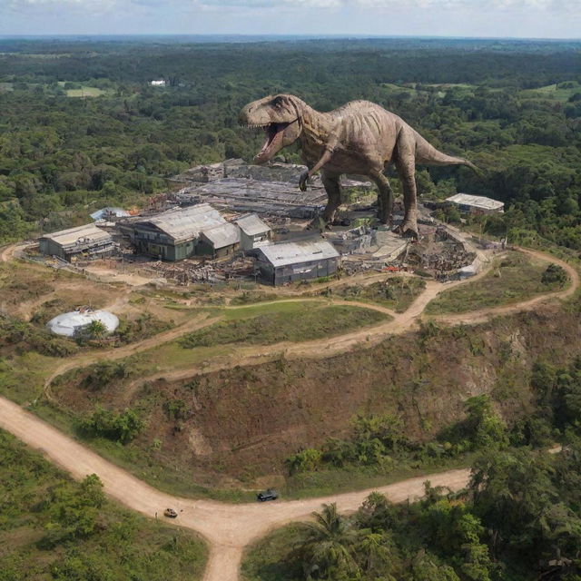 The Jurassic-themed island, now with a massive enclosure in the foreground, housing an imposing Tyrannosaurus Rex. The enclosure is reinforced by electrified fences for safety, with signages warning of the danger.