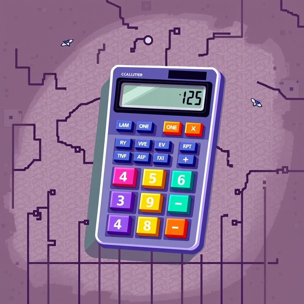 A vibrant, retro-style pixel art representation of a classic calculator, featuring an 8-bit design with colorful buttons including numbers, operations, and a digital display