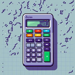 A vibrant, retro-style pixel art representation of a classic calculator, featuring an 8-bit design with colorful buttons including numbers, operations, and a digital display