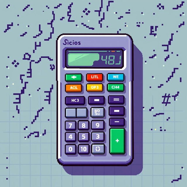 A vibrant, retro-style pixel art representation of a classic calculator, featuring an 8-bit design with colorful buttons including numbers, operations, and a digital display