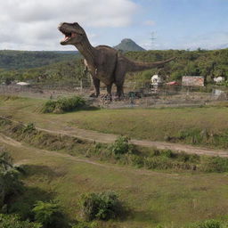 The Jurassic-themed island, now with a massive enclosure in the foreground, housing an imposing Tyrannosaurus Rex. The enclosure is reinforced by electrified fences for safety, with signages warning of the danger.