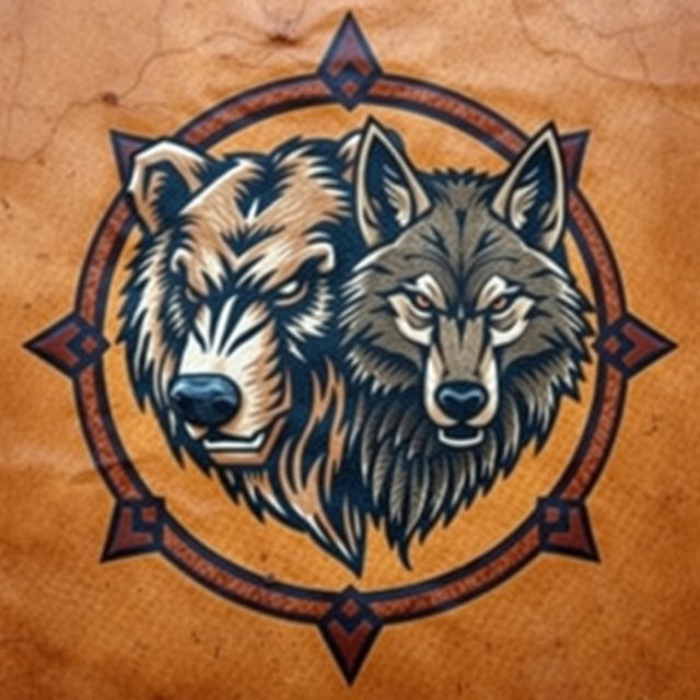 An emblem representing a medieval civilization or kingdom of savages, featuring the hand-painted heads of a bear and a wolf on a piece of natural skin or leather