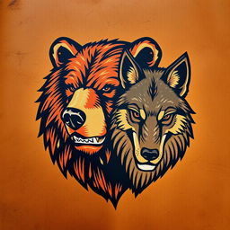 An emblem representing a medieval civilization or kingdom of savages, featuring the hand-painted heads of a bear and a wolf on a piece of natural skin or leather