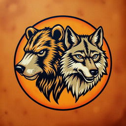 An emblem representing a medieval civilization or kingdom of savages, featuring the hand-painted heads of a bear and a wolf on a piece of natural skin or leather