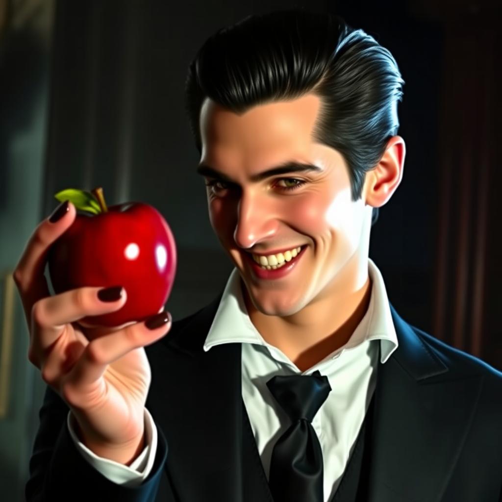 A handsome vampire man with sharp fangs, smiling charmingly while holding a shiny red apple