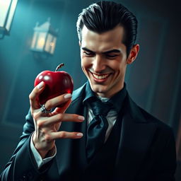 A handsome vampire man with sharp fangs, smiling charmingly while holding a shiny red apple