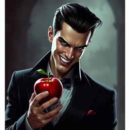 A handsome vampire man with sharp fangs, smiling charmingly while holding a shiny red apple