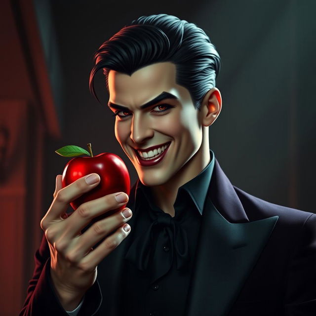 A handsome vampire man with sharp fangs, smiling charmingly while holding a shiny red apple