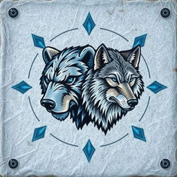 An emblem representing a medieval civilization or kingdom of savages, featuring the hand-painted heads of a bear and a wolf on an icy piece of skin or leather