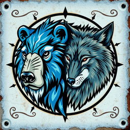 An emblem representing a medieval civilization or kingdom of savages, featuring the hand-painted heads of a bear and a wolf on an icy piece of skin or leather