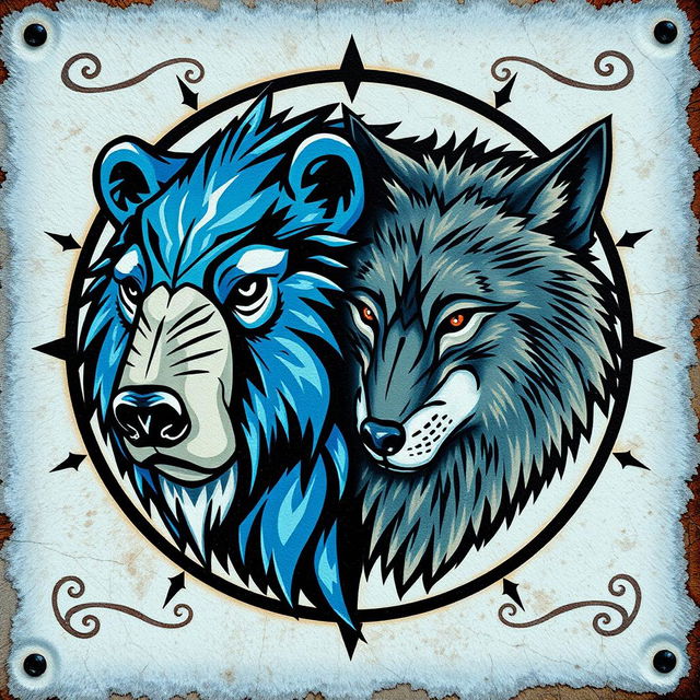 An emblem representing a medieval civilization or kingdom of savages, featuring the hand-painted heads of a bear and a wolf on an icy piece of skin or leather