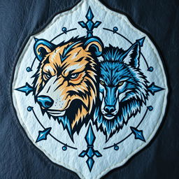 An emblem representing a medieval civilization or kingdom of savages, featuring the hand-painted heads of a bear and a wolf on an icy piece of skin or leather