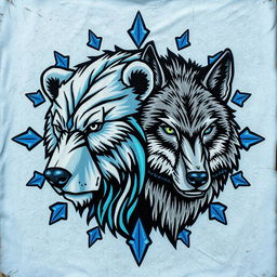 An emblem representing a medieval civilization or kingdom of savages, featuring the hand-painted heads of a bear and a wolf on an icy piece of skin or leather