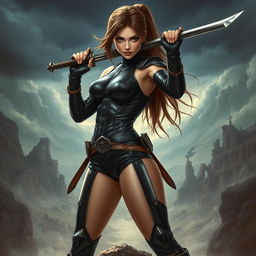 An alluring warrior girl dressed in a tight, shiny black leather outfit that clings to her figure, showcasing her strength and agility