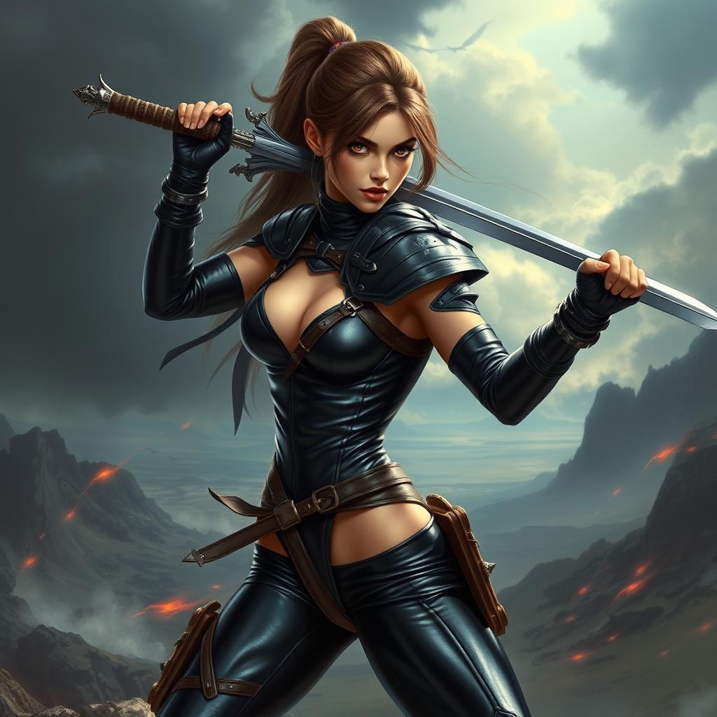 An alluring warrior girl dressed in a tight, shiny black leather outfit that clings to her figure, showcasing her strength and agility