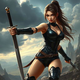 An alluring warrior girl dressed in a tight, shiny black leather outfit that clings to her figure, showcasing her strength and agility