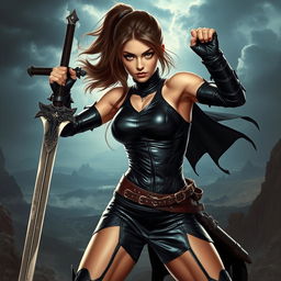 An alluring warrior girl dressed in a tight, shiny black leather outfit that clings to her figure, showcasing her strength and agility