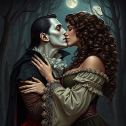 A beautiful vampire wearing medieval clothing, leaning in to passionately kiss a woman with long, curly hair