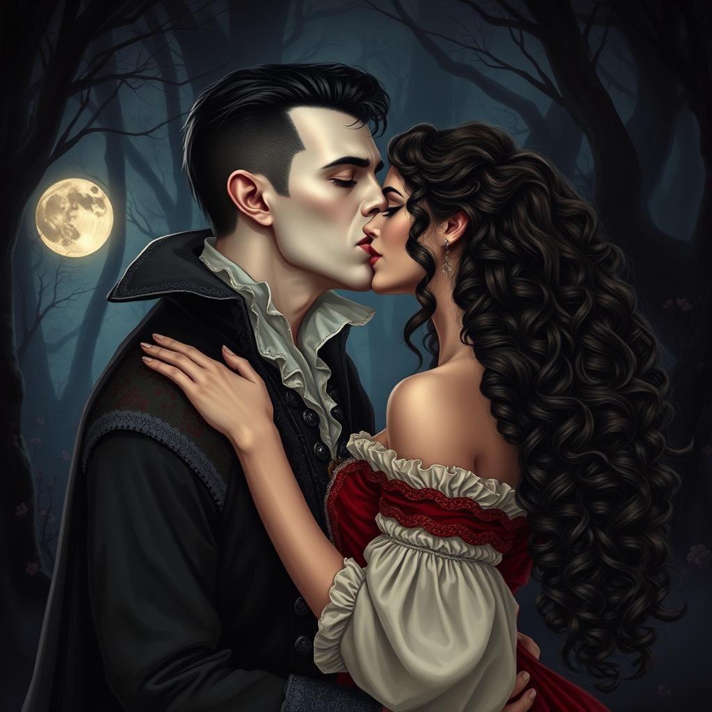 A beautiful vampire wearing medieval clothing, leaning in to passionately kiss a woman with long, curly hair