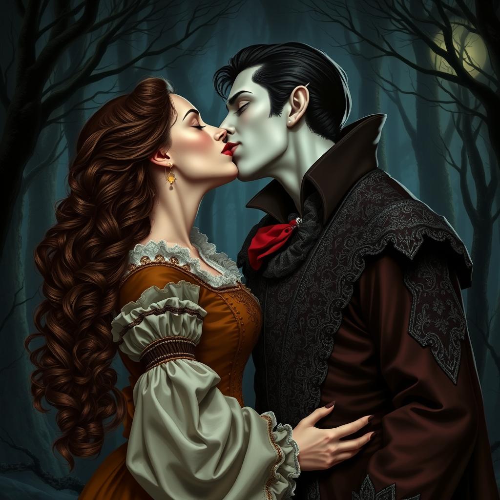 A beautiful vampire wearing medieval clothing, leaning in to passionately kiss a woman with long, curly hair