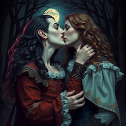 A beautiful vampire wearing medieval clothing, leaning in to passionately kiss a woman with long, curly hair