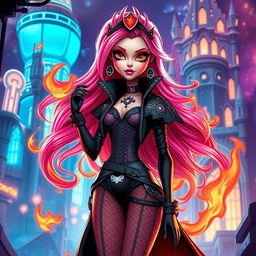 A fire princess with medium build and pink hair, set in a high-tech dystopian universe blending medieval elements