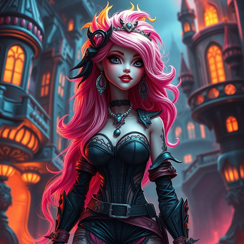 A fire princess with medium build and pink hair, set in a high-tech dystopian universe blending medieval elements