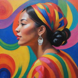 A Fauvist composition of a Filipina woman in traditional attire viewed from the side. Her profile is bold against a swirl of vibrant colors symbolizing her culture, including interpretations of the Philippine archipelago, a jeepney, and a Sunbird.