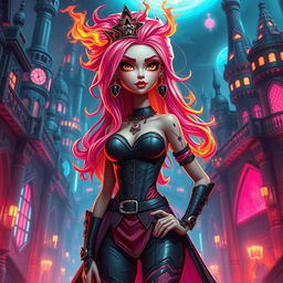 A fire princess with medium build and pink hair, set in a high-tech dystopian universe blending medieval elements