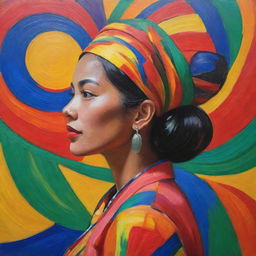 A Fauvist composition of a Filipina woman in traditional attire viewed from the side. Her profile is bold against a swirl of vibrant colors symbolizing her culture, including interpretations of the Philippine archipelago, a jeepney, and a Sunbird.