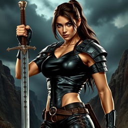 A stunning warrior girl portrayed in a realistic style, wearing a tight, shiny black leather outfit that accentuates her athletic form