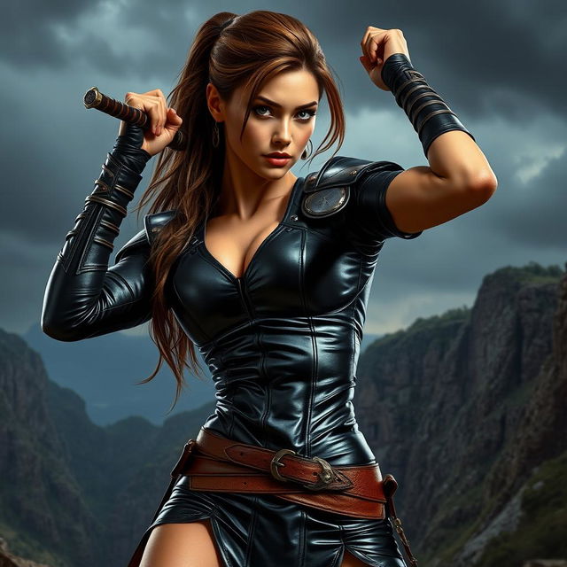 A stunning warrior girl portrayed in a realistic style, wearing a tight, shiny black leather outfit that accentuates her athletic form