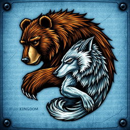 An emblem representing a medieval civilization or kingdom of savages, featuring a bear and a wolf gracefully intertwined on an icy leather background