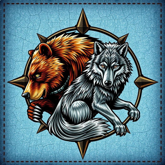 An emblem representing a medieval civilization or kingdom of savages, featuring a bear and a wolf gracefully intertwined on an icy leather background