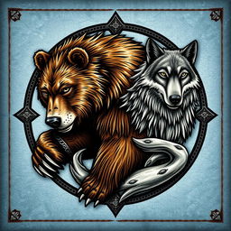 An emblem representing a medieval civilization or kingdom of savages, featuring a bear and a wolf gracefully intertwined on an icy leather background