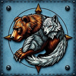 An emblem representing a medieval civilization or kingdom of savages, featuring a bear and a wolf gracefully intertwined on an icy leather background