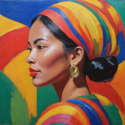 A Fauvist composition of a Filipina woman in traditional attire viewed from the side. Her profile is bold against a swirl of vibrant colors symbolizing her culture, including interpretations of the Philippine archipelago, a jeepney, and a Sunbird.