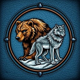 An emblem symbolizing a medieval civilization or kingdom of savages, featuring a bear and a wolf prominently displayed on an icy leather background