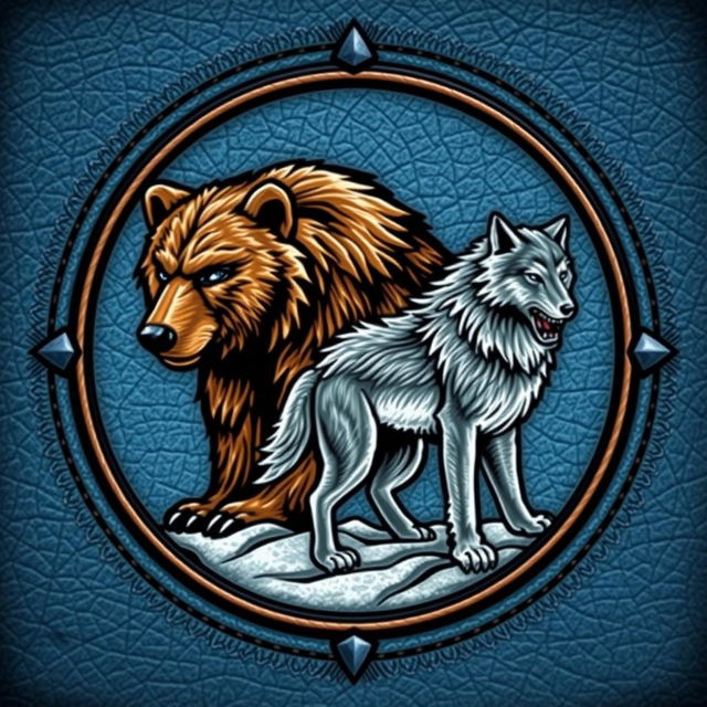 An emblem symbolizing a medieval civilization or kingdom of savages, featuring a bear and a wolf prominently displayed on an icy leather background